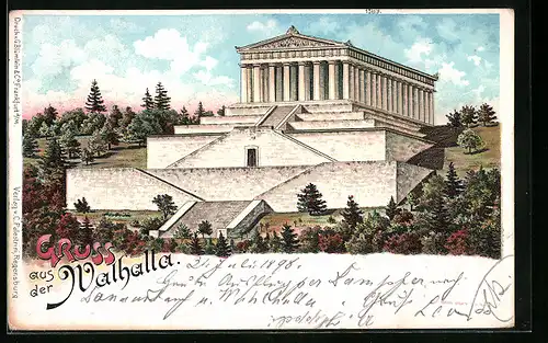 Lithographie Donaustauf, Blick zur Walhalla