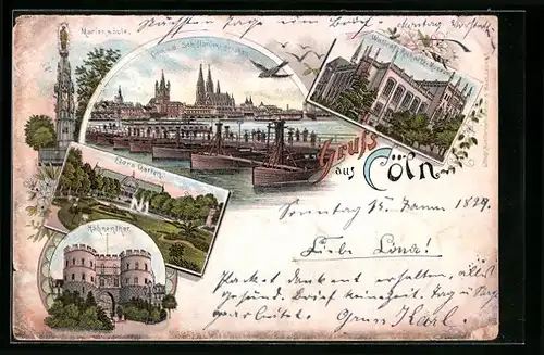 Lithographie Cöln, Mariensäule, Flora Garten, Hahnenther, Wallraf-Richartz-Museum