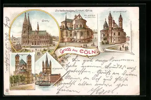 Lithographie Cöln, St. Aposteln, St. Maria im Capitol, Dom, St. Gereon