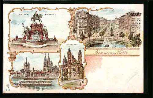 Lithographie Cöln, St. Aposteln, Kaiser Wilhelm I, Strassenpartie