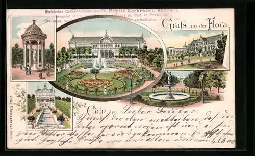 Lithographie Cöln, Gasthaus Flora, Floratempel und Grünanlagen