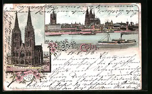 Lithographie Cöln, Flusspartie, Dom