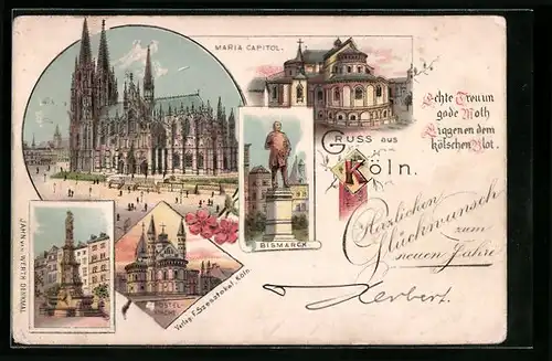 Lithographie Köln, Maria Capitol, Bismarck-Denkmal, Jahn van Werth Denkmal