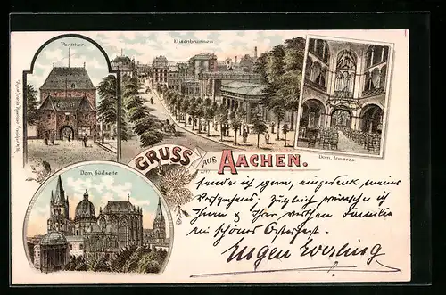 Lithographie Aachen, Elisenbrunnen, Pontthor, Dom
