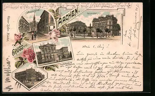 Lithographie Aachen, Marienkirche, Kaiserplatz, Polytechnikum