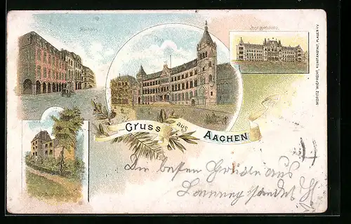Lithographie Aachen, Justizgebäude, Kurhaus, Post, Linzenhäuschen