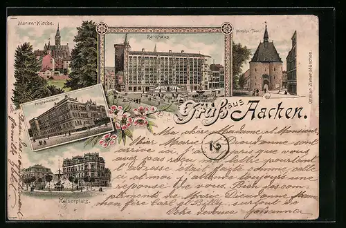 Lithographie Aachen, Rathaus, Marschier Thor, Marien-Kirche, Kaiserplatz