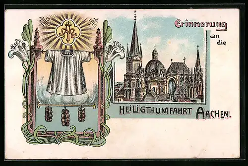 Lithographie Aachen, Ortspartie mit Dom, Erinnerung an die Heiligthumfahrt