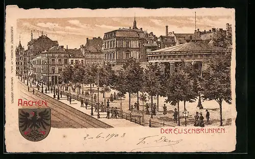 Lithographie Aachen, Partie am Elisenbrunnen, Stadtwappen