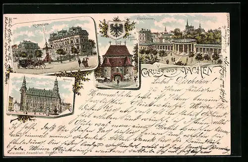 Lithographie Aachen, Kaiserplatz, Rathaus, Elisenbrunnen