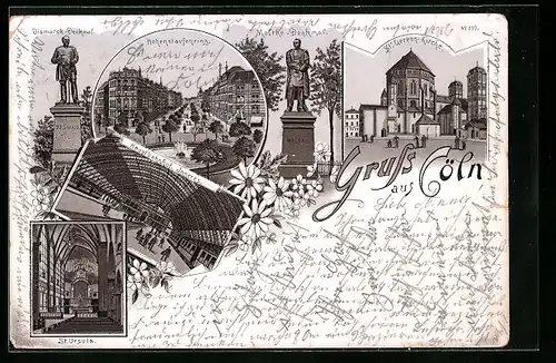 Lithographie Cöln, Bismarck-Denkmal, Hohenstaufenring, Molke-Denkmal