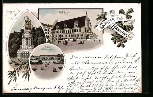 Vorläufer-Lithographie Hannover, 1894, Rathaus, Krieger-Denkmal, Schloss Herrenhausen