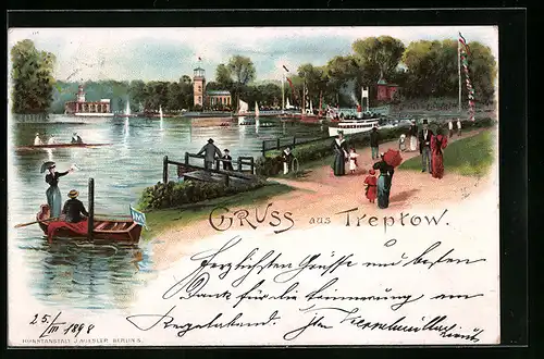 Lithographie Berlin-Treptow, Partie am Wasser mit Booten und Dampfer