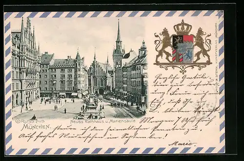 Präge-AK München, Neues Rathaus und Mariensäule, Wappen