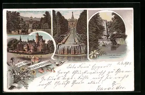 Lithographie Wilhelmshöhe, Löwenburg, Die Cascaden, Aquaduct-Wasserfall