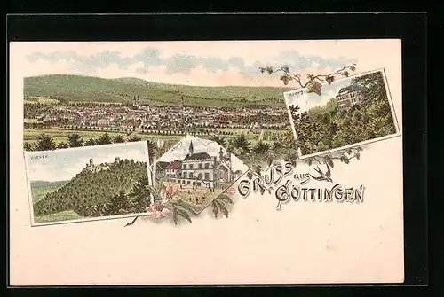 Lithographie Göttingen, Panorama, Rathaus, Plesse