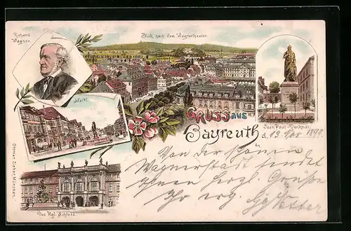 Lithographie Bayreuth, Jean Paul-Denkmal, Kgl. Schloss, Markt, Richard Wagner