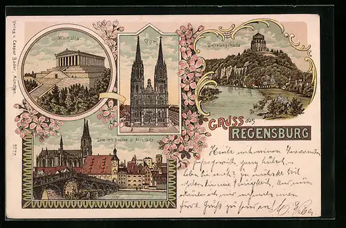 Lithographie Regensburg, Dom, Walhalla, Befreiungshalle