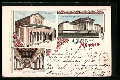 Lithographie München, Basilika innen und aussen, Kunstausstellungsgebäude