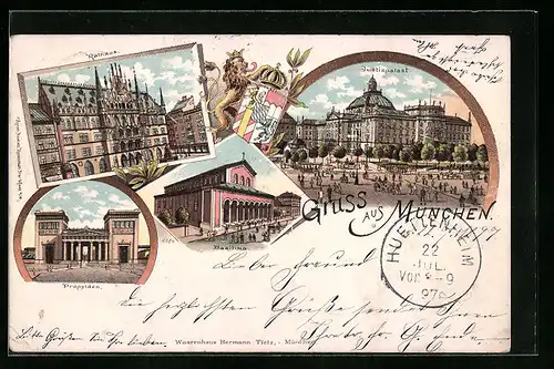 Lithographie München, Justizpalast, Basilika, Rathaus, Propyläen