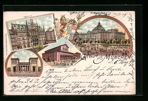 Lithographie München, Basilika, Propyläen, Rathaus, Justizpalast