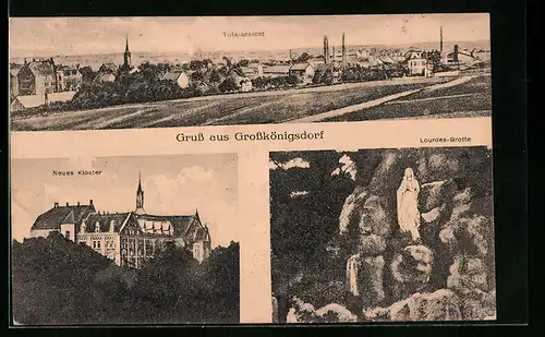 AK Grosskönigsdorf, Totalansicht, Lourdes-Grotte, Neues Kloster