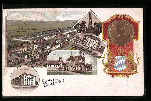 Lithographie Lager Lechfeld, Ortsansicht aus der Vogelschau, Kloster