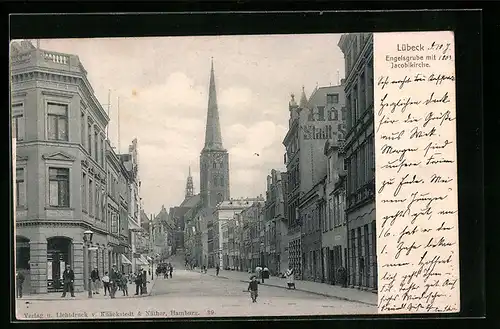 AK Lübeck, Strasse Engelsgrube mit Jacobikirche