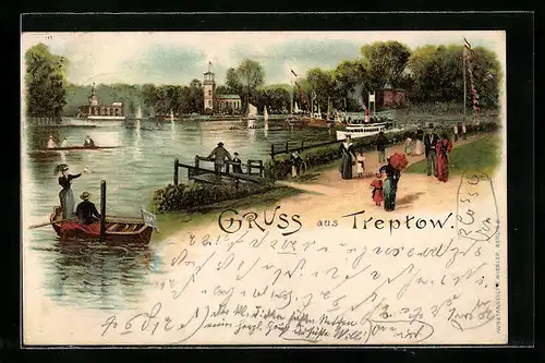 Lithographie Treptow, Ortspartie mit Booten