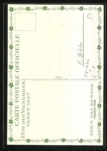 Künstler-AK sign. E. Biéler: Vevey, Fete des Vignerons 1927, Série des Saisons, Vigneron Primé