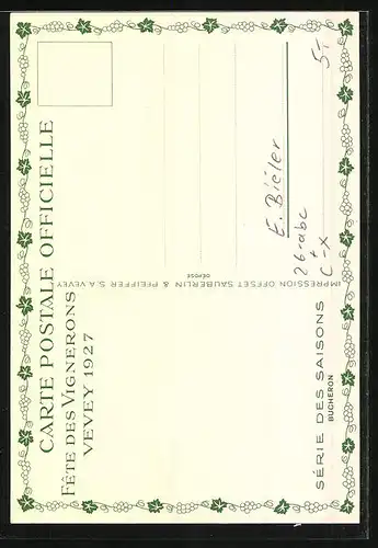 Künstler-AK sign. E. Biéler: Vevey, Fete des Vignerons 1927, Série des Saisons, Bucheron