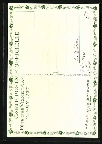 Künstler-AK sign. E. Biéler: Vevey, Fete des Vignerons 1927, Série des Saisons, Le Chevrier