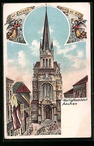 Lithographie Aachen, Heiligthumfahrt, Kirche mit Prozession aus der Vogelschau
