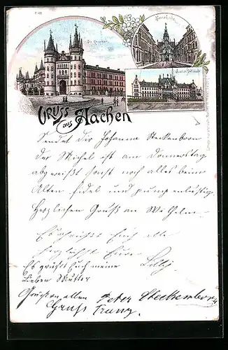 Lithographie Aachen, Strassenpartie mit Kasernen, Justiz-Gebäude