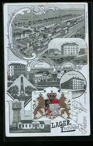 Lithographie Lager Lechfeld, Gesamtansicht aus der Vogelschau, Lazareth, Wasserturm, Wappen