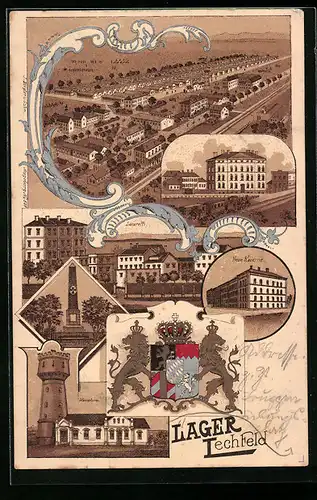 Lithographie Lager Lechfeld, Gesamtansicht aus der Vogelschau, Lazareth, Neue Kaserne, Wappen