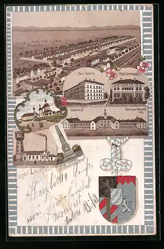 Lithographie Lager Lechfeld, Gesamtansicht aus der Vogelschau, Kriegerdenkmal, Wasserturm, Wappen