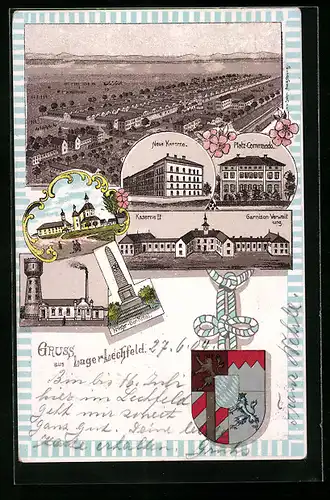 Lithographie Lager Lechfeld, Gesamtansicht aus der Vogelschau, Neue Kaserne, Wasserturm, Wappen