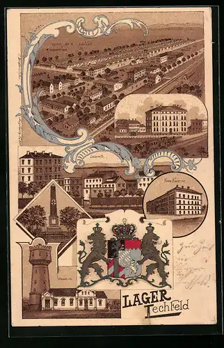 Lithographie Lager Lechfeld, Gesamtansicht aus der Vogelschau, Lazarett, Wasserturm, Wappen, Denkmal