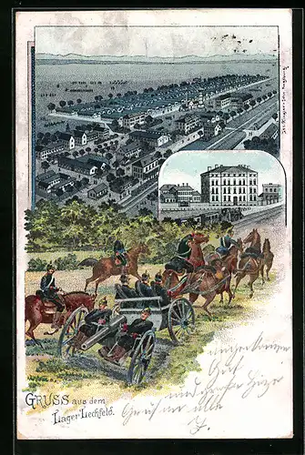 Lithographie Lager Lechfeld, Gesamtansicht aus der Vogelschau, Soldaten mit mobiler Kanone