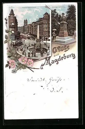 Lithographie Magdeburg, Hasselbachplatz aus der Vogelschau, Friesen-Denkmal