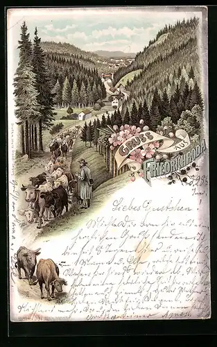 Lithographie Friedrichroda, Landstrasse mit Schafherde, Schäfer und Ortsblick