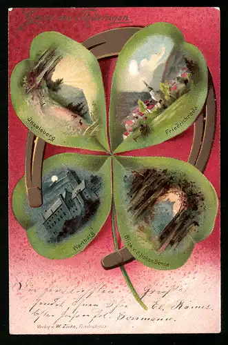 Passepartout-Lithographie Friedrichroda, Ortsansicht, Inselsberg, Wartburg, Blick von der Hohen Sonne im Kleeblatt