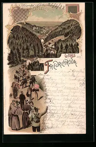 Lithographie Friedrichroda, Gesamtansicht aus der Vogelschau hinter Besuchern und Kuhherde