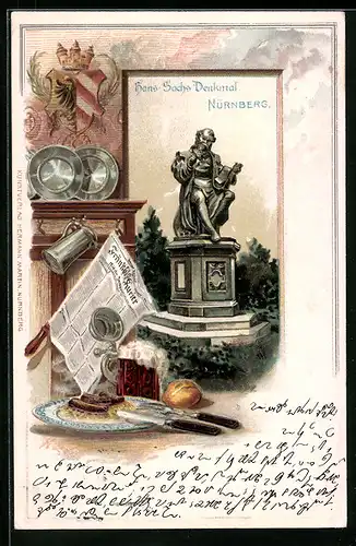 Passepartout-Lithographie Nürnberg, Hans-Sachs-Denkmal, Stilleben mit Zeitung und Würstchen, Wappen