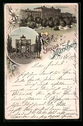 Lithographie München, National-Museum mit Anlagen, Siegesthor
