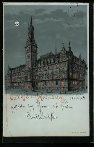 Mondschein-Lithographie Hamburg, Rathaus mit leuchtenden Fenstern