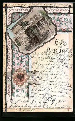 Passepartout-Lithographie Berlin, Denkmal Friedrich des Grossen, Wappen, Glitter