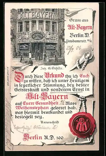Lithographie Berlin-Tiergarten, Gasthaus Alt-Bayern in der Potsdamerstrasse 10 /11, Urkunde mit Siegel, Strassenansicht
