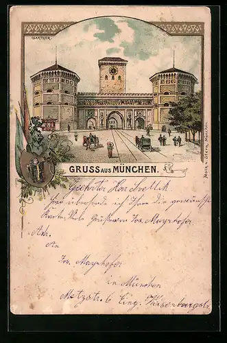 Lithographie München, Isarthor mit Strasse, Kindl-Wappen